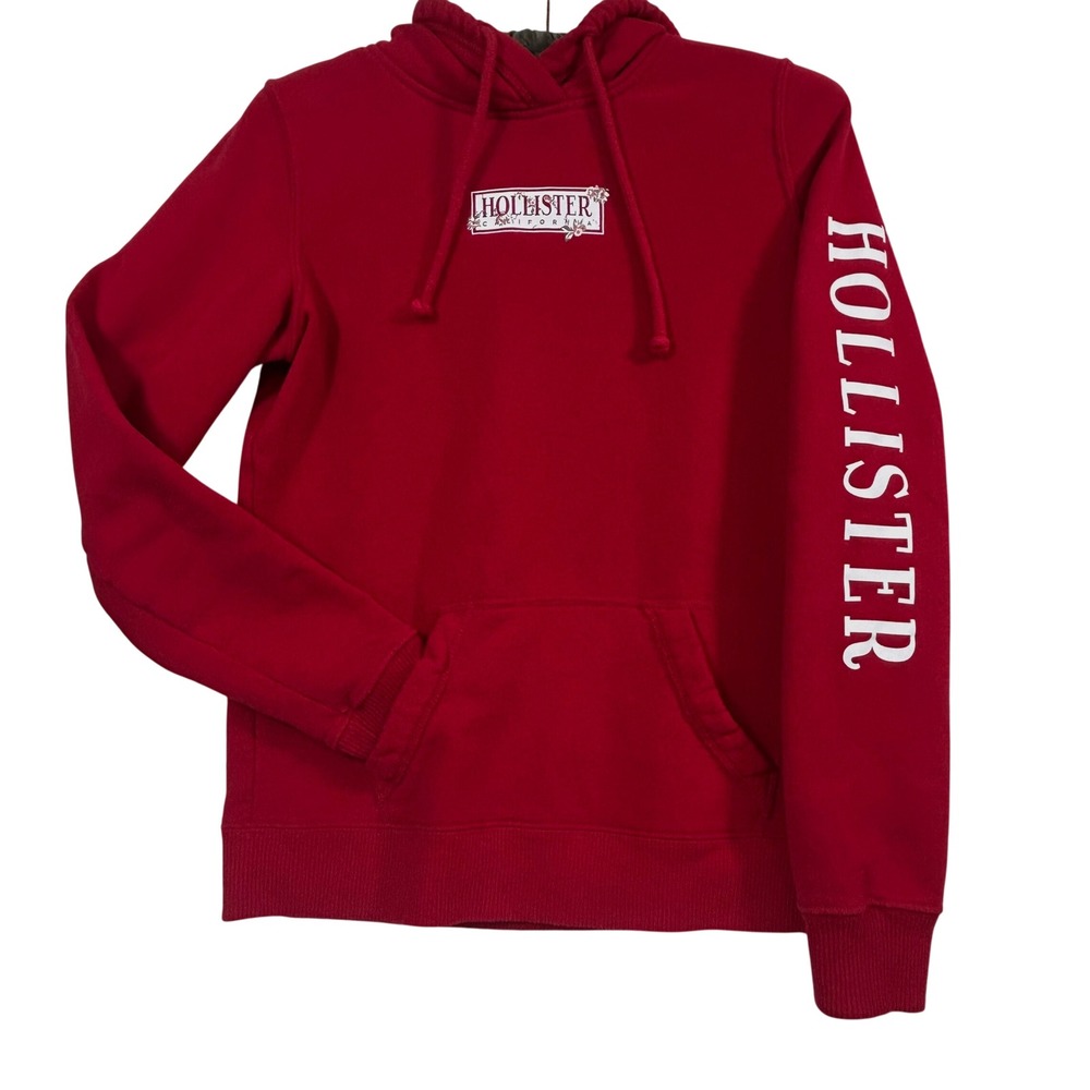 Hollister California Hoodie Womens S Red Floral Logo Sleeve Graphic  Sweatshirt